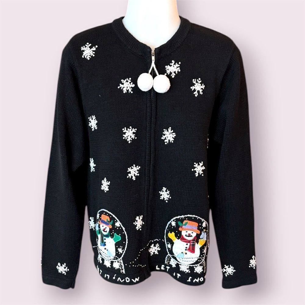 LEMON GRASS Vintage Winter Christmas Snow Globe Let It Snow Embroidered Cardigan